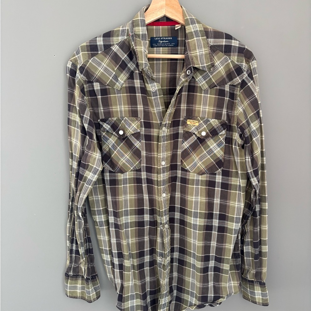 Levi's Olive Green and Black Plaid Button-Down Shirt